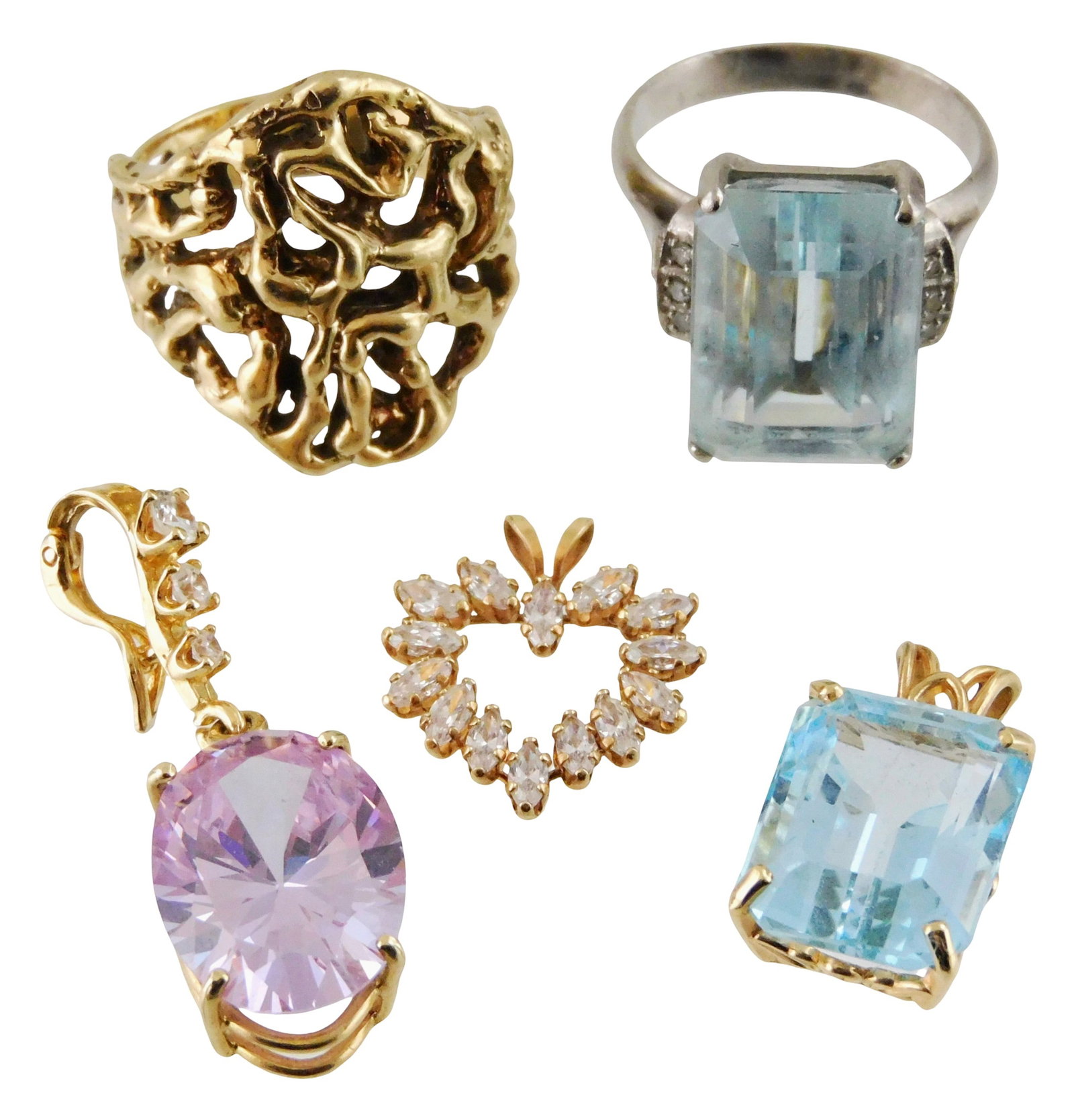 JEWELRY: 14K Rings and pendants, five pieces, three with inset colored stones, all stamped and/or (1 of 3)