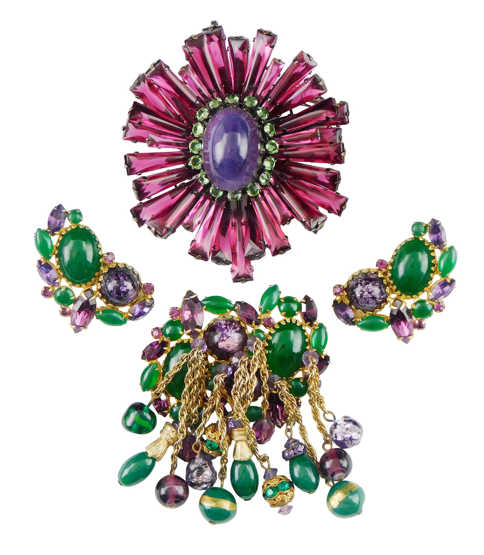 COSTUME JEWELRY: Hattie Carnegie set and Schreiner type brooch, 20th C., four pieces, including (1 of 4)