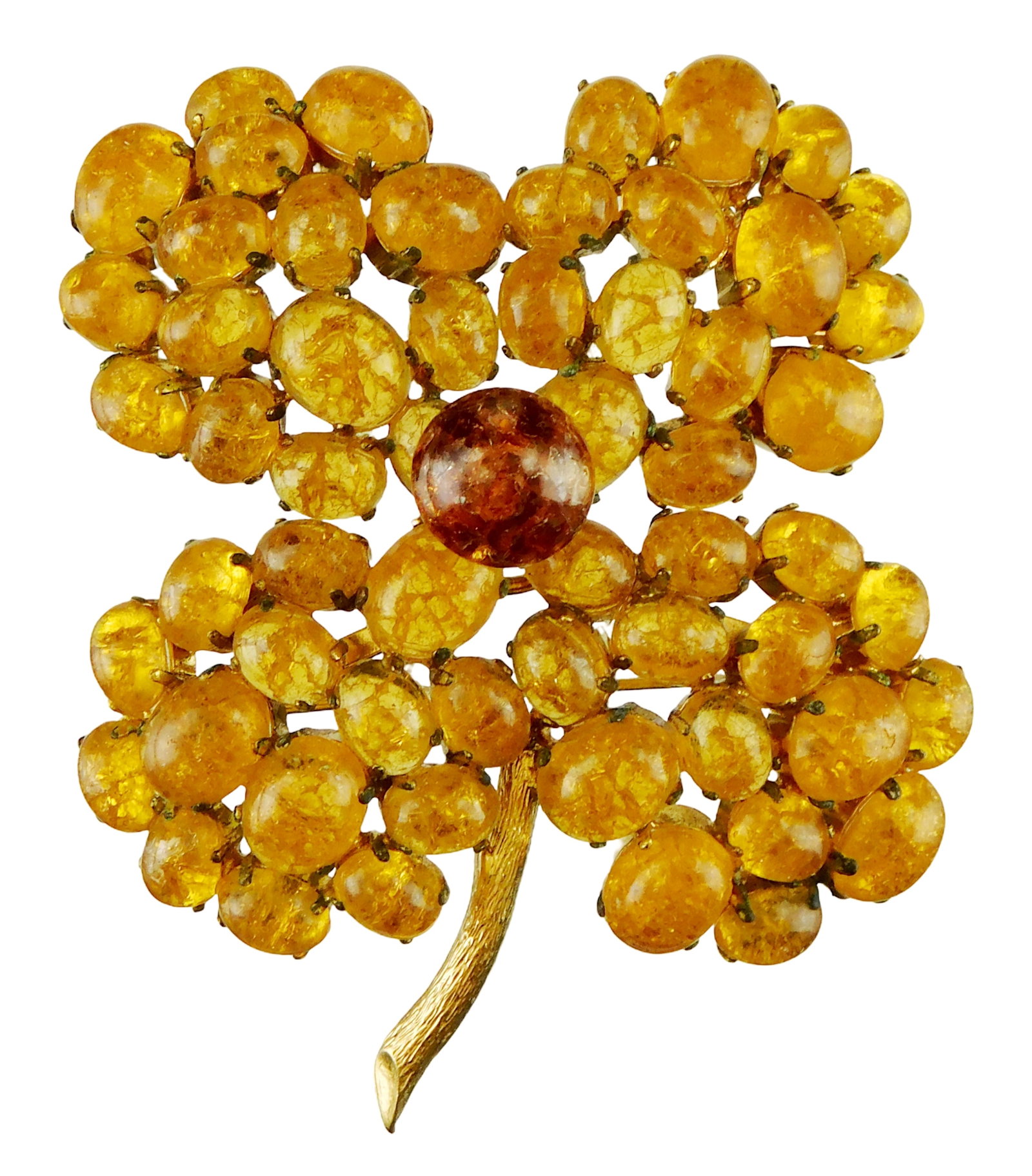 COSTUME JEWELRY: Christian Dior vintage brooch, 1966, Germany, clover form set with simulated amber: COSTUME JEWELRY: Christian Dior vintage brooch, 1966, Germany, clover form set with simulated amber in gold-filled frame, signed on reverse "Christian Dior, Germany, 1966, wear consistent with age and