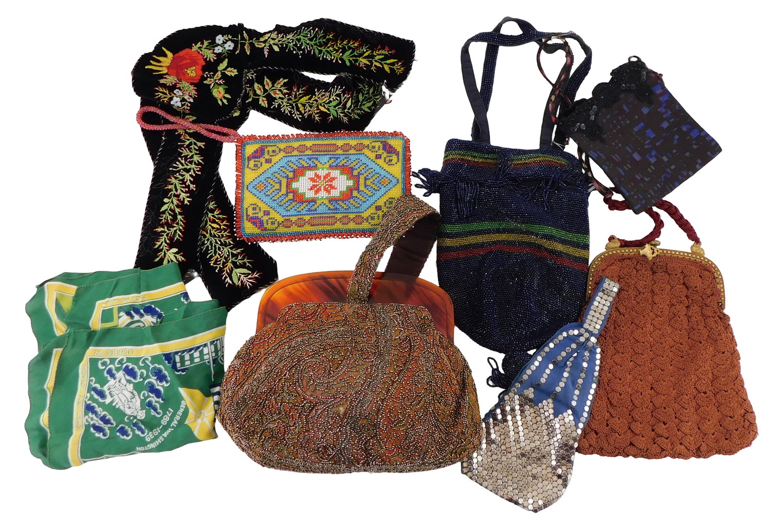 Vintage purses and accessories, eight pieces total, details include: black with green, yellow, and (1 of 4)