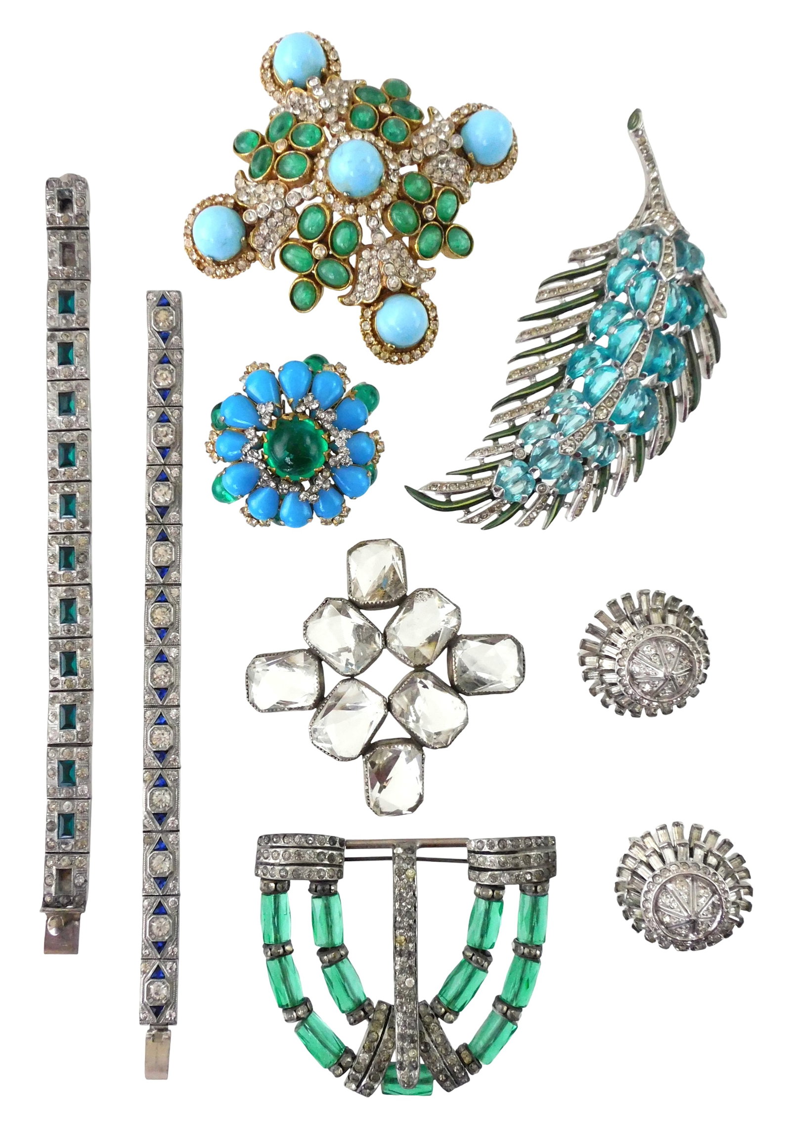 COSTUME JEWELRY: Scaasi, Kenneth Jay Lane, DeRosa, etc., nine pieces, some set in sterling, pieces (1 of 3)