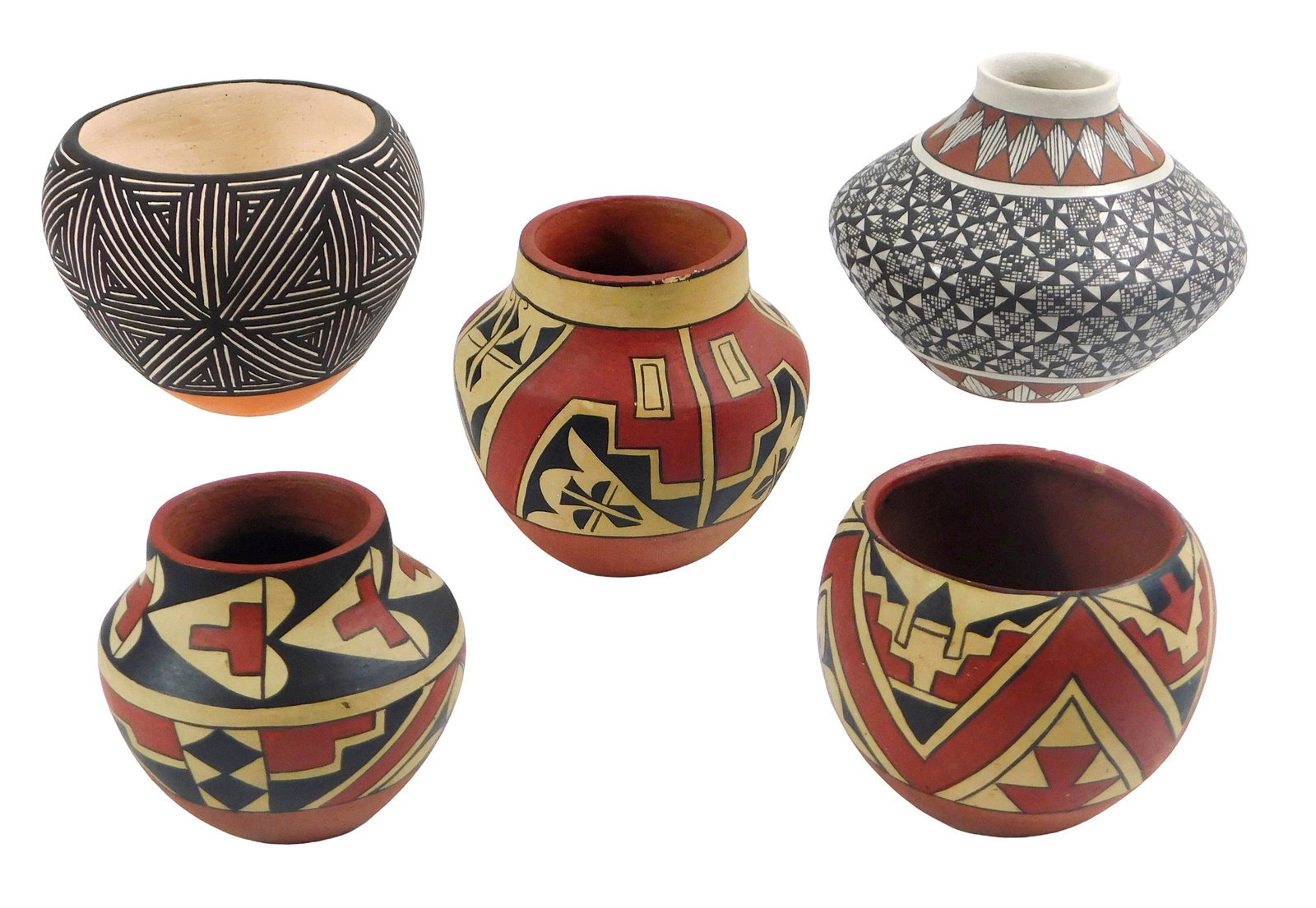 TRIBAL: Five small southwestern pottery vessels or ollas, Acoma Pueblo, Jemez Pueblo and Mata Ortiz, (1 of 7)