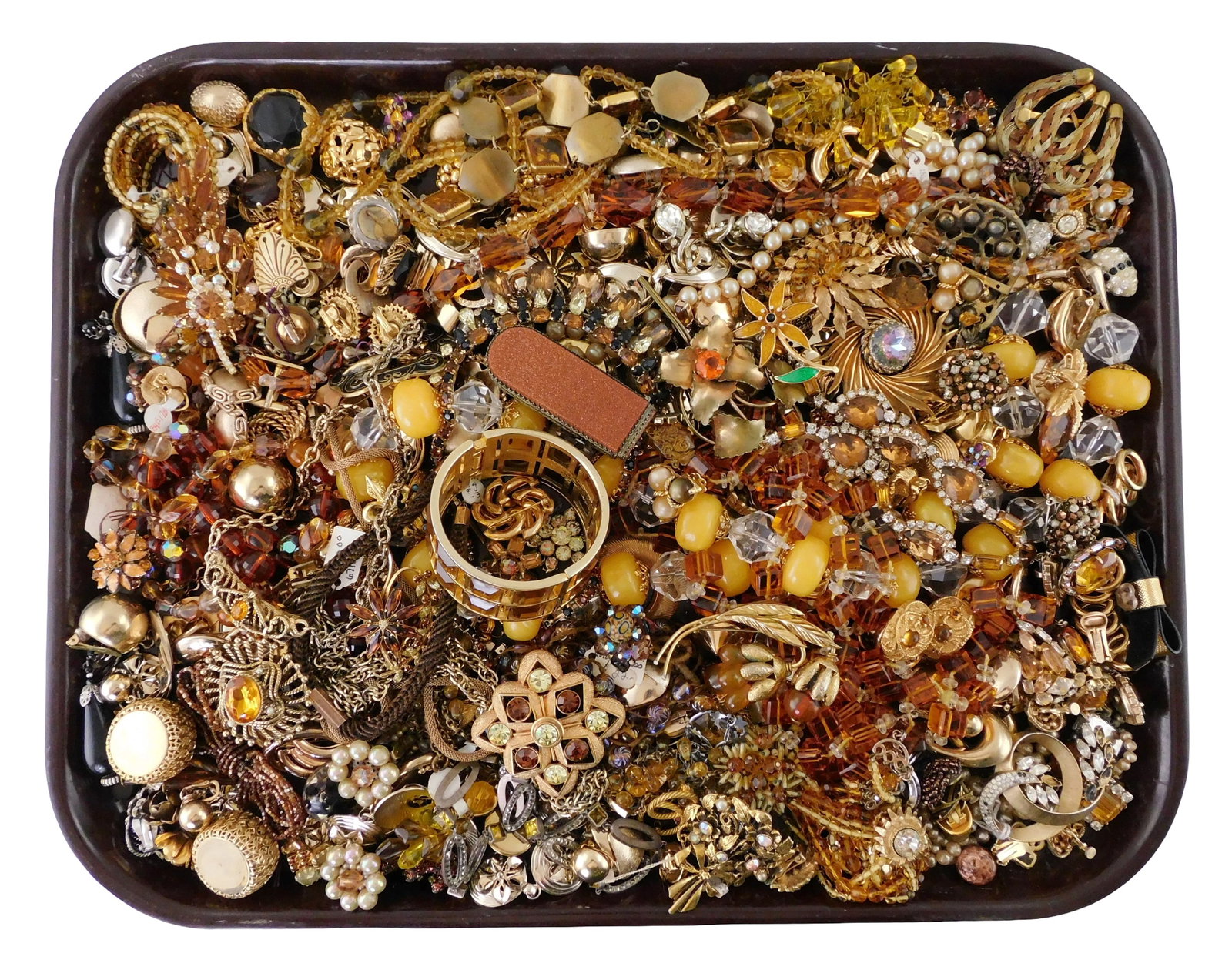 COSTUME JEWELRY: Castlecliff, Florenza, Trifari, Napier, etc., many signed and/ or with amber: COSTUME JEWELRY: Castlecliff, Florenza, Trifari, Napier, etc., many signed and/ or with amber colored stones, rhinestones, hardstone, etc., items of interest include clip earrings, enamel brooches, la