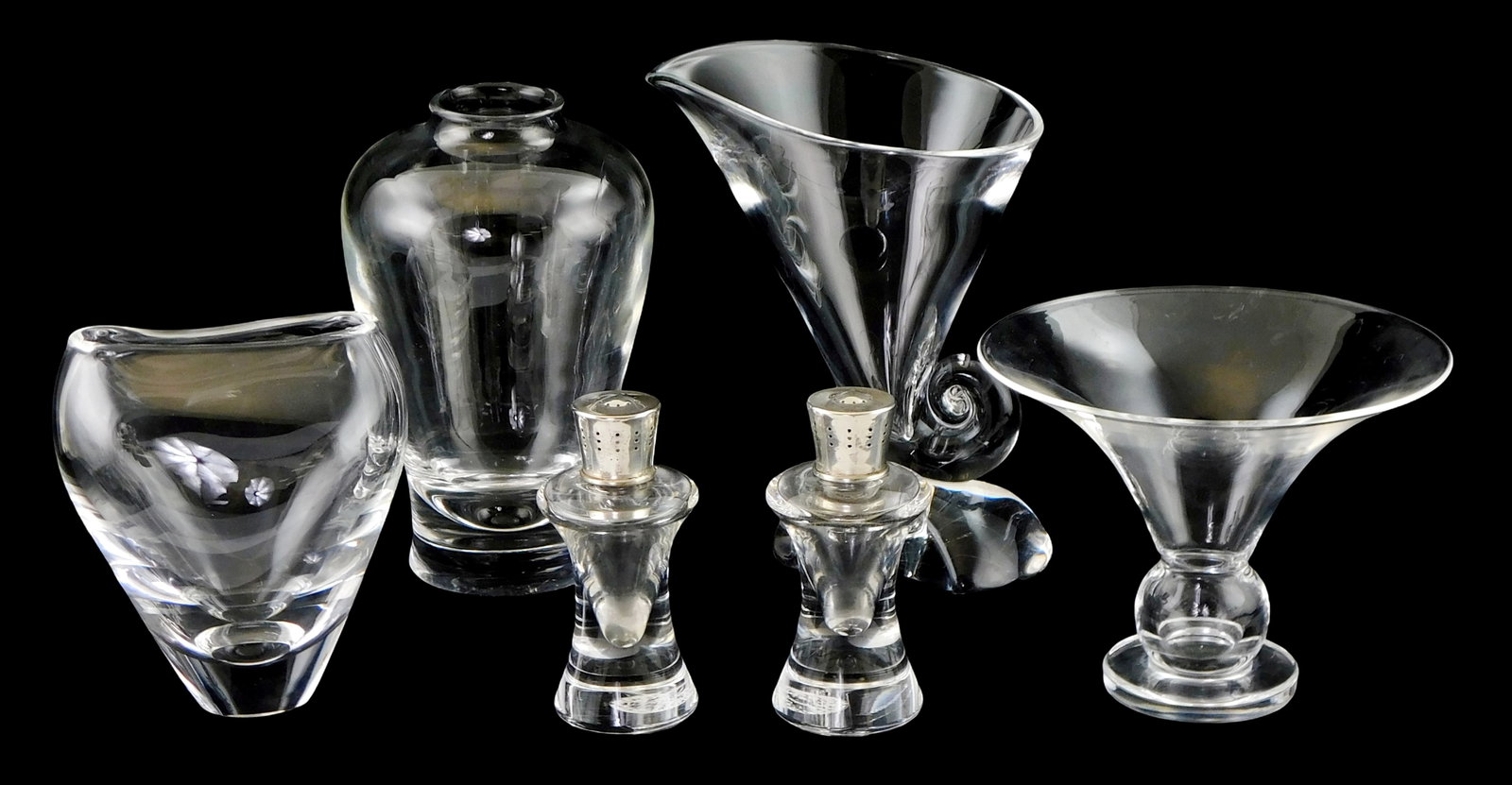 ART GLASS: Steuben vases and shakers, all signed, including: “Cornucopia Vase??, horn shaped vase (1 of 2)