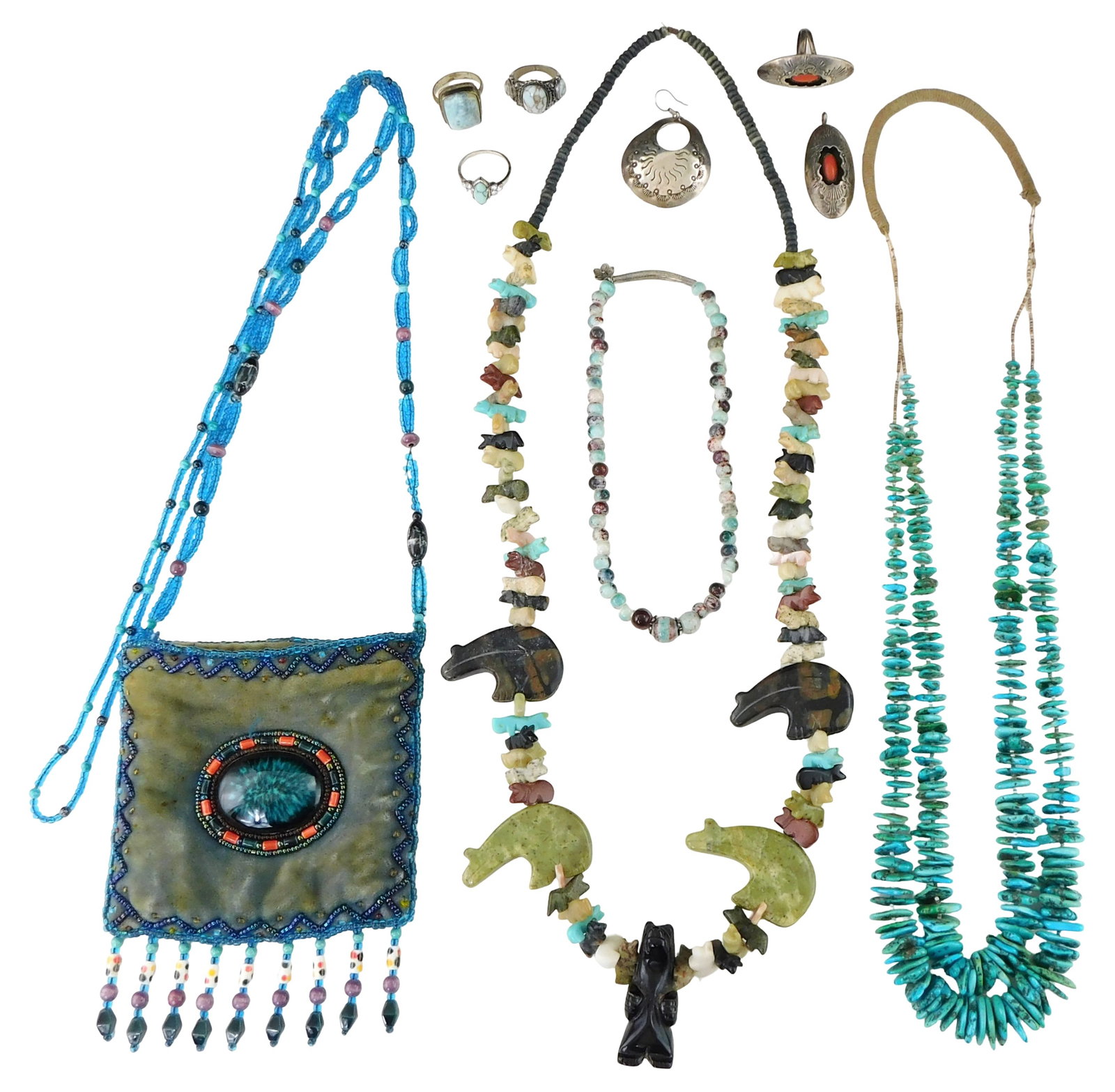 TRIBAL: Native American style jewelry and accessories, ten pieces including: Zuni style fetish (1 of 3)