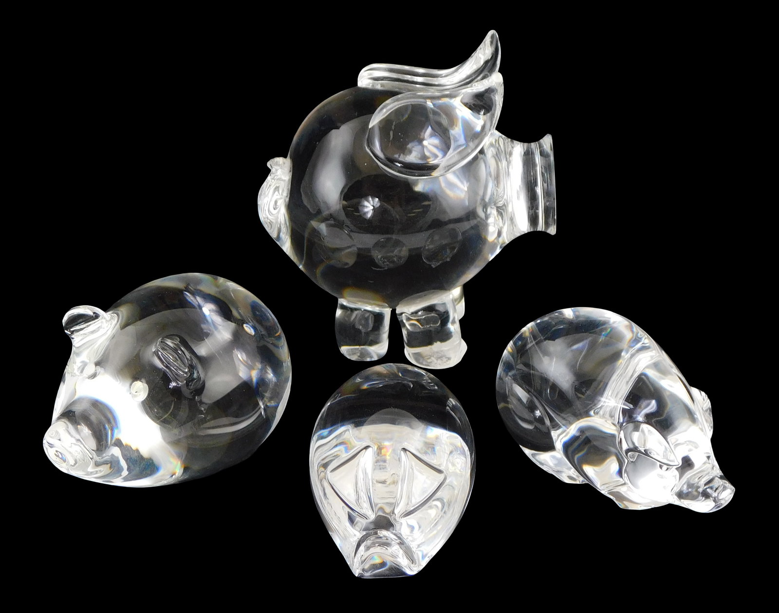 ART GLASS: Four Steuben pigs, all with signed base, including: large piggy bank form pig, bulbous (1 of 2)