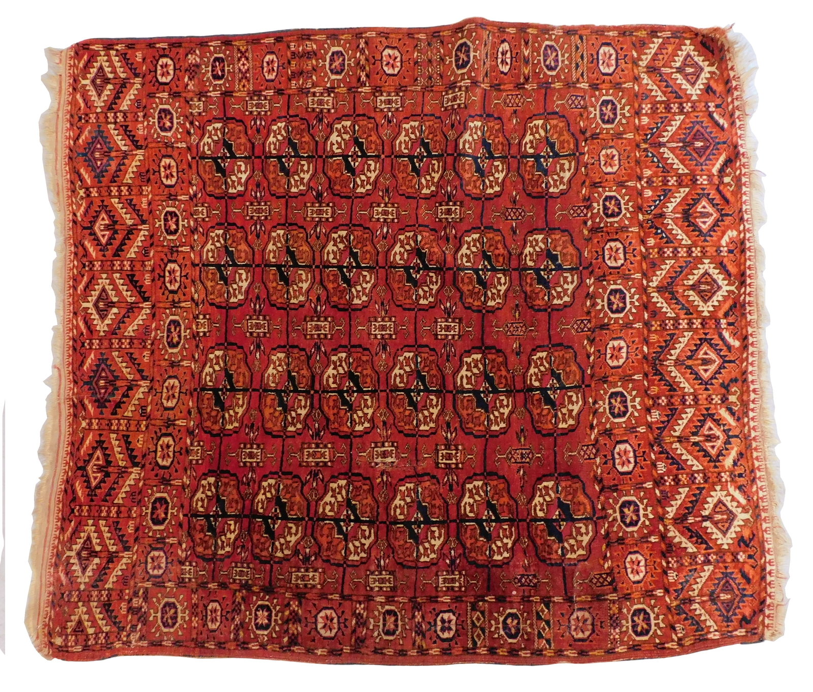RUG: Antique Tekke Bokhara, 4' x 3' 7", wool on wool, red ground, four rows of guls, wear consistent (1 of 4)