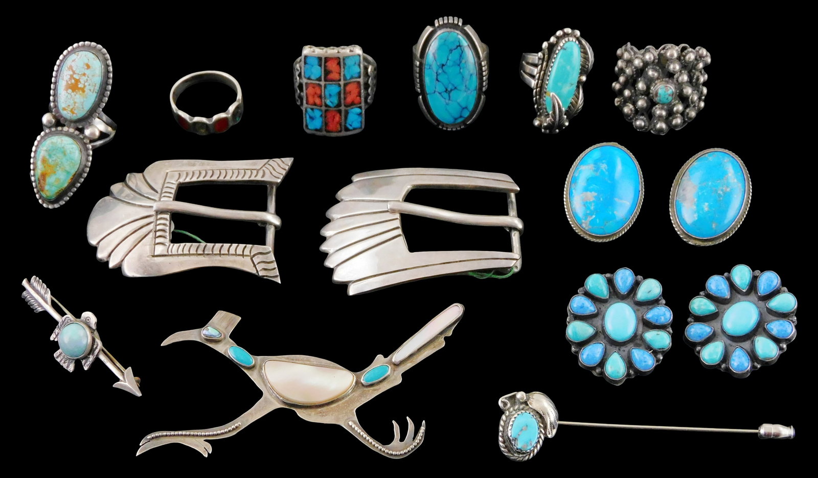 JEWELRY: Southwestern style silver jewelry, fifteen pieces, some signed, all stamped sterling or (1 of 3)