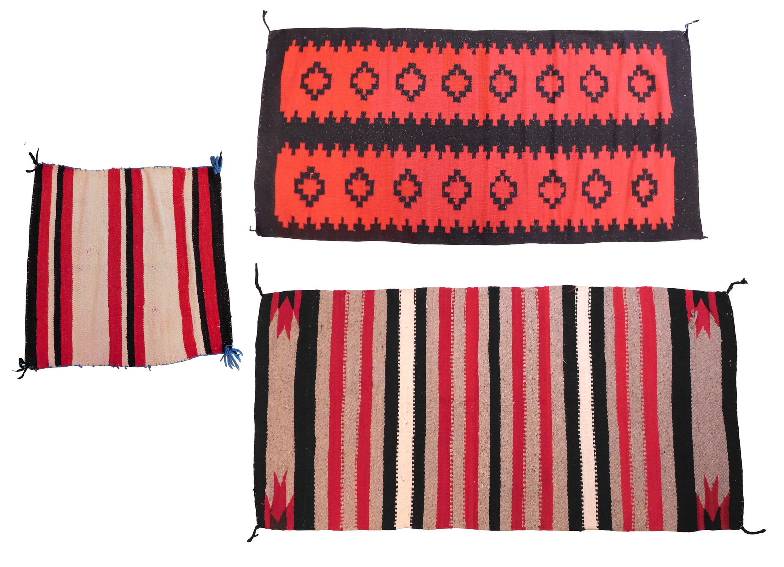 RUGS: Three Southwest saddle blankets/ rugs, all wool on wool, including: largest striped white, (1 of 9)