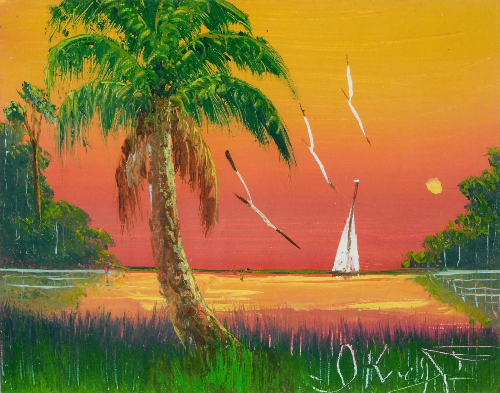 Isaac Knight (American, 1941-2022) Highwaymen seascape, oil on canvas-board, sailboat in front of (1 of 3)