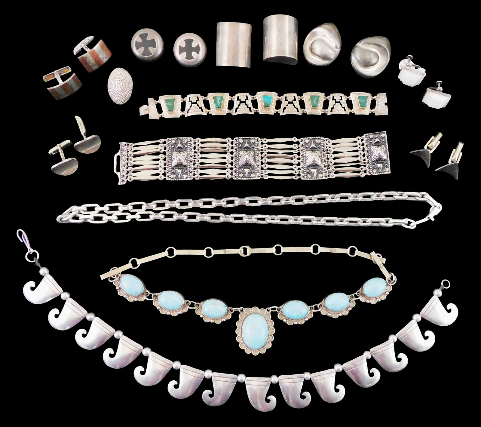 SILVER JEWELRY: Twenty pieces, many stamped "Mexico" and/ or "Taxco", all stamped or tested silver, (1 of 4)