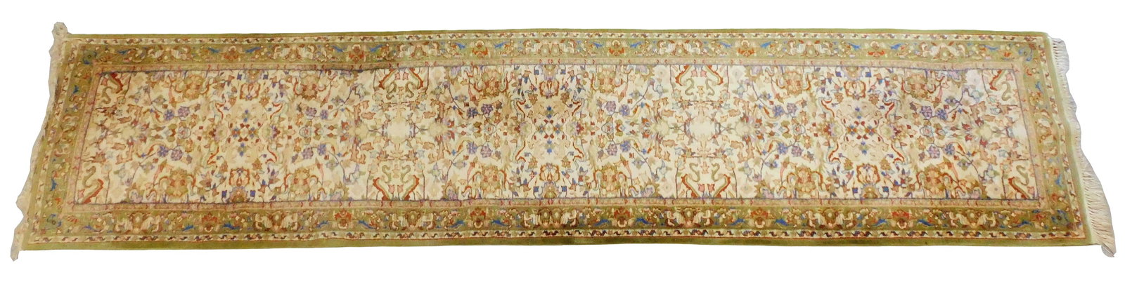 RUG: Indo-Persian runner, 11' 9" x 2' 7", wool on wool, cream ground with pale green accents, floral (1 of 4)