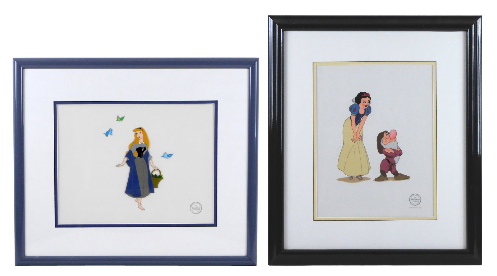 Disney, two Serigraph cells, from the animated movies "Sleeping Beauty" and "Snow White and the: Disney, two Serigraph cells, from the animated movies "Sleeping Beauty" and "Snow White and the Seven Dwarfs", the first, depicts Princess Aurora from Sleeping Beauty, 1990, edition of 2500, ss: 10" x