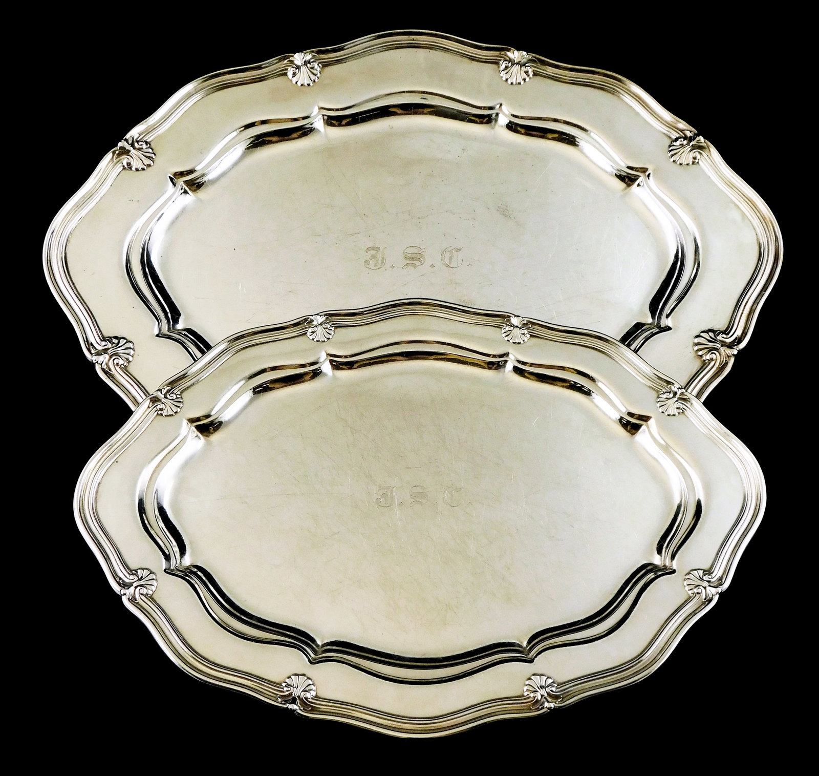 STERLING: Two Marcus & Co., New York sterling silver graduated platters, pattern no. 822 "Plumes", (1 of 3)