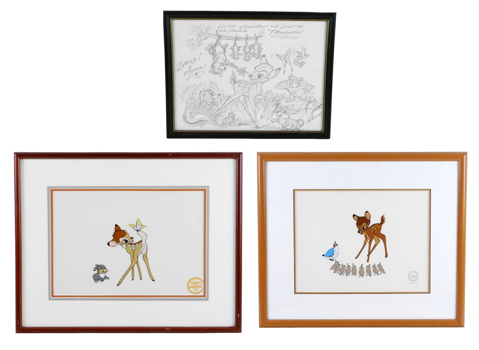 Disney, two Serigraph cells and one drawing from the animated movie "Bambi", all framed, 'Bambi and (1 of 10)