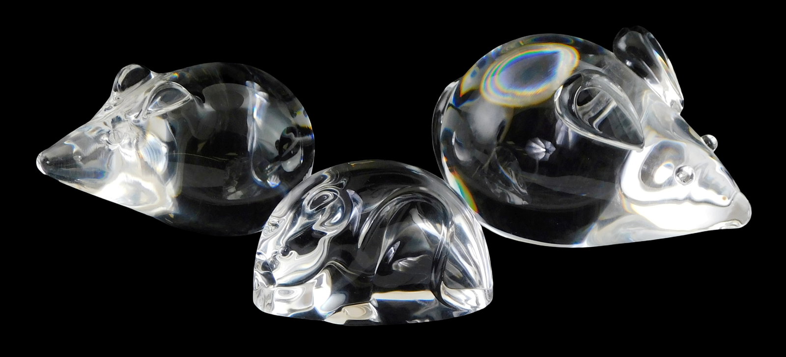 ART GLASS: Three Steuben mouse paperweights and hand cooler, all signed, including: “Woodland (1 of 1)