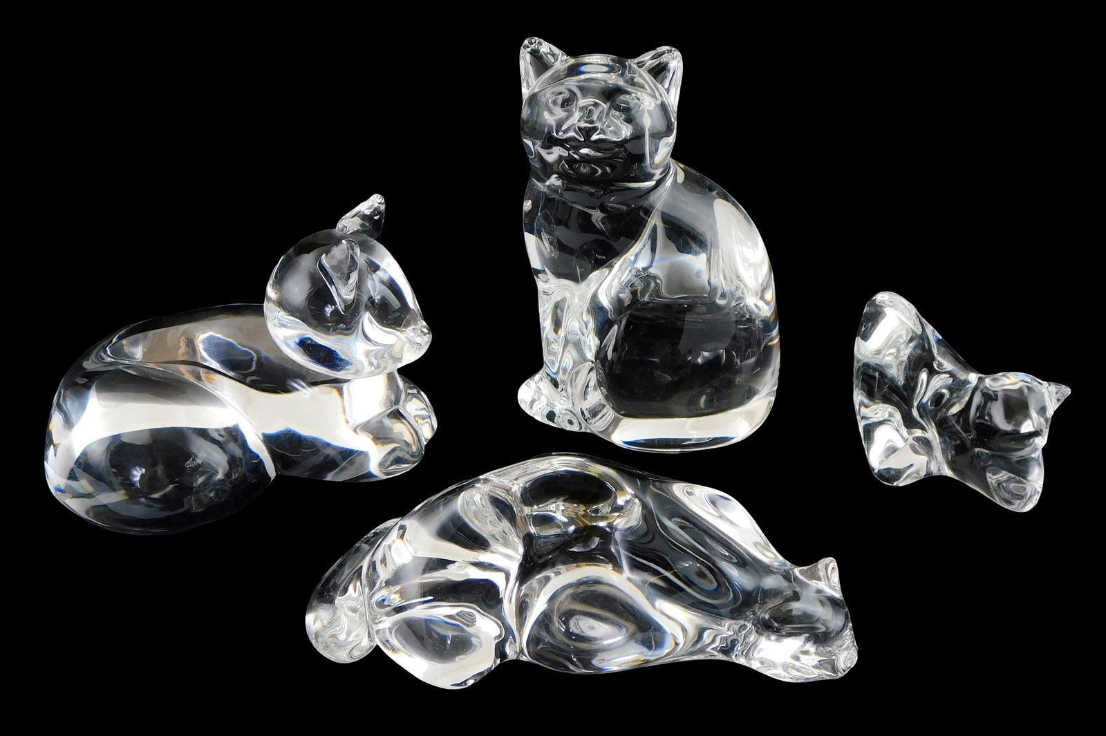 ART GLASS: Four crystal cat themed figures or paperweights, Steuben and Baccarat, all marked, (1 of 1)