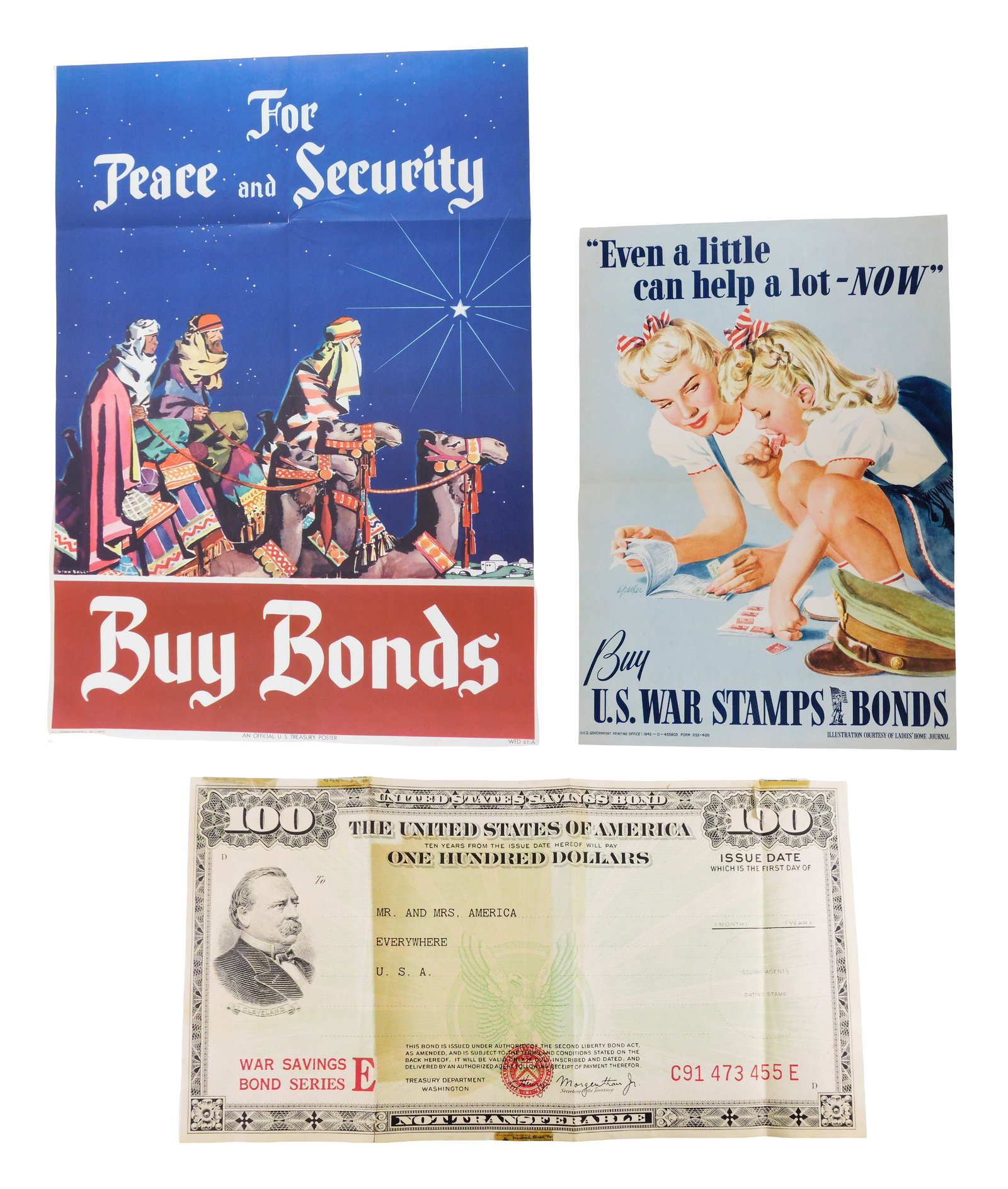 Three World War II war bond posters, American, offset lithograph on paper, including: “For Peace (1 of 9)