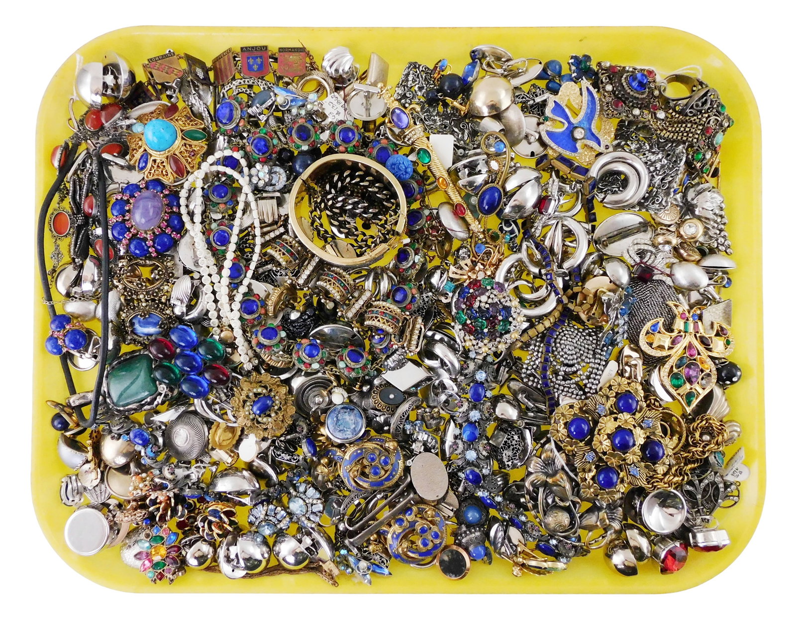 COSTUME JEWELRY: Vendome, Napier, Trifari, etc., 60+ pieces, many signed and/ or set with blue,: COSTUME JEWELRY: Vendome, Napier, Trifari, etc., 60+ pieces, many signed and/ or set with blue, green and red cabochon stones, items of interest include Trifari clip earrings, Vendome polychrome clust