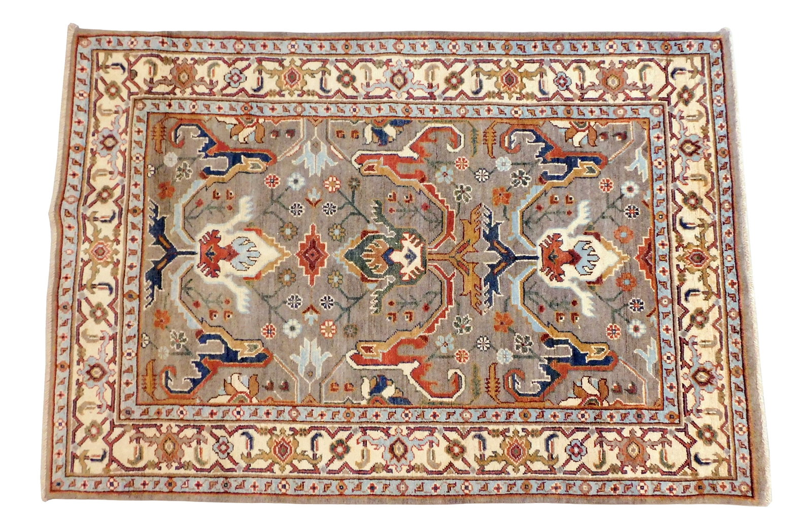 RUG: Uzbek Kazak, 4' x 5' 9", wool on cotton, classic geometric motifs, grey ground, cream border, (1 of 2)