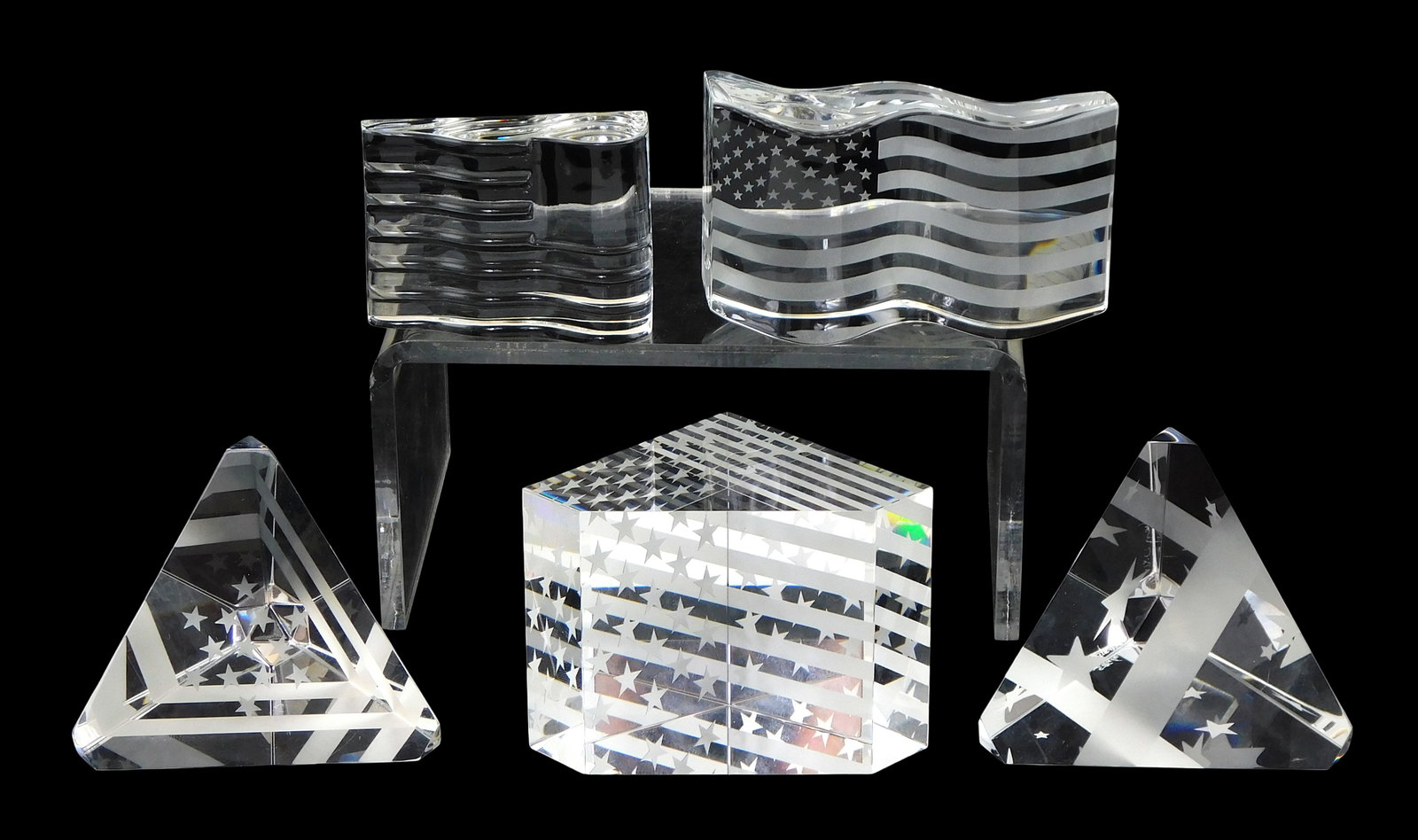 ART GLASS: Five Steuben American flag themed crystal paperweights, all signed, including: “Stars (1 of 1)