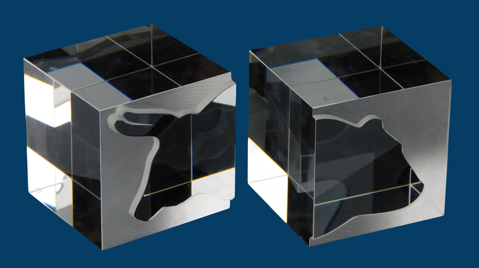 ART GLASS: Steuben Bull and Bear crystal cube paperweights, stock market themed, both signed, cut (1 of 2)
