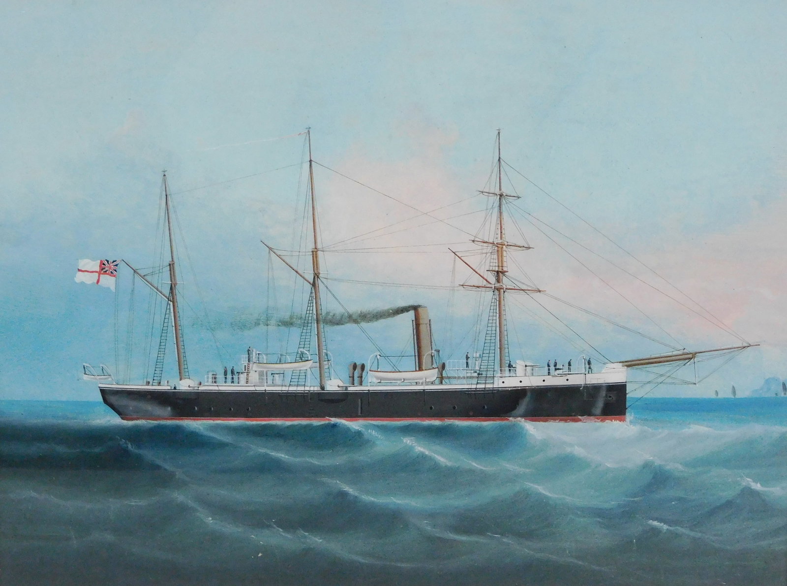 Chinese export painting of H.M.S Bramble gunboat, late 19th C., oil on gouache, depicts Royal Navy (1 of 4)