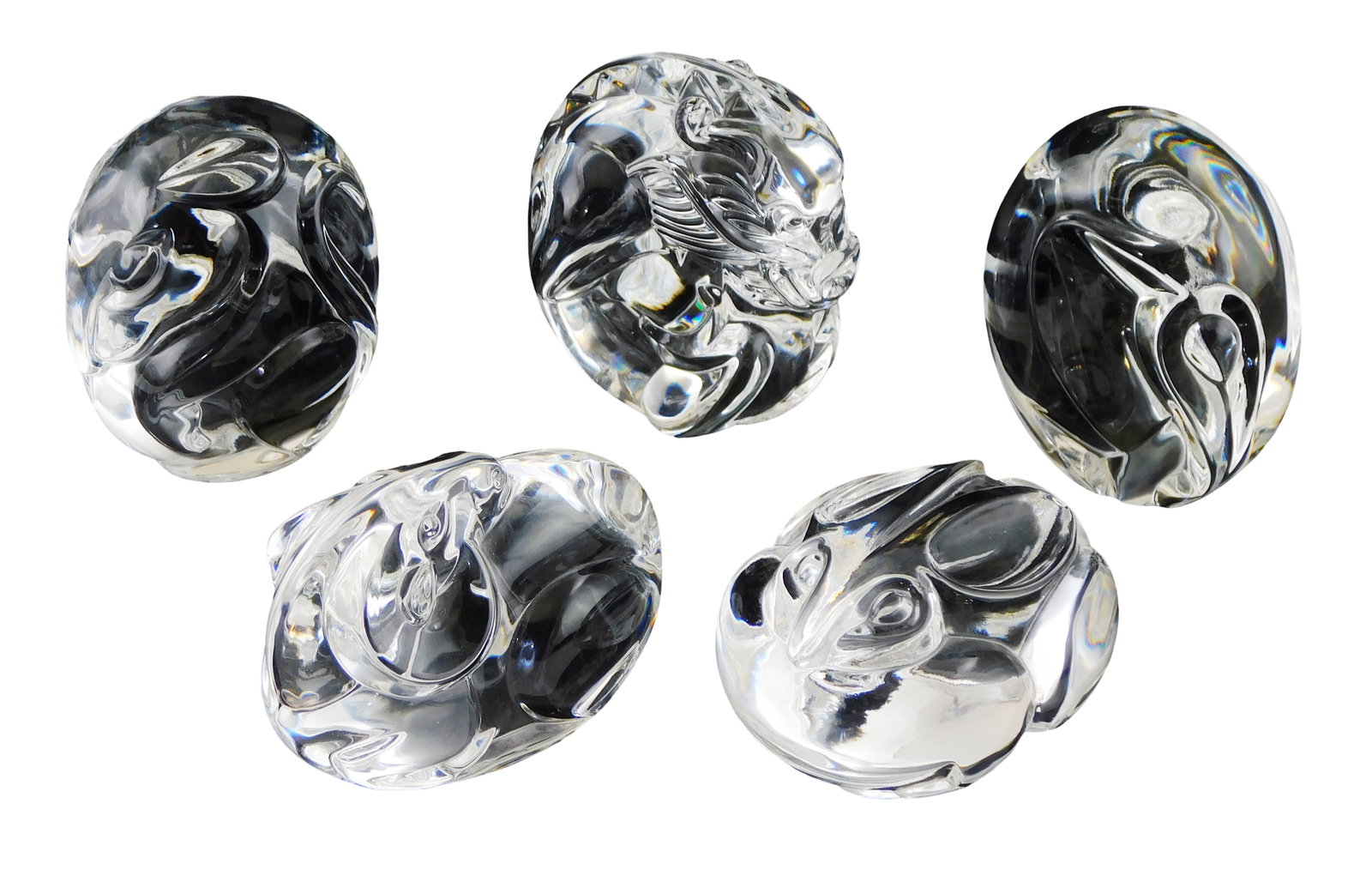 ART GLASS: Five Steuben egg-shaped animal themed hand coolers, crystal, all with signed base, (1 of 2)