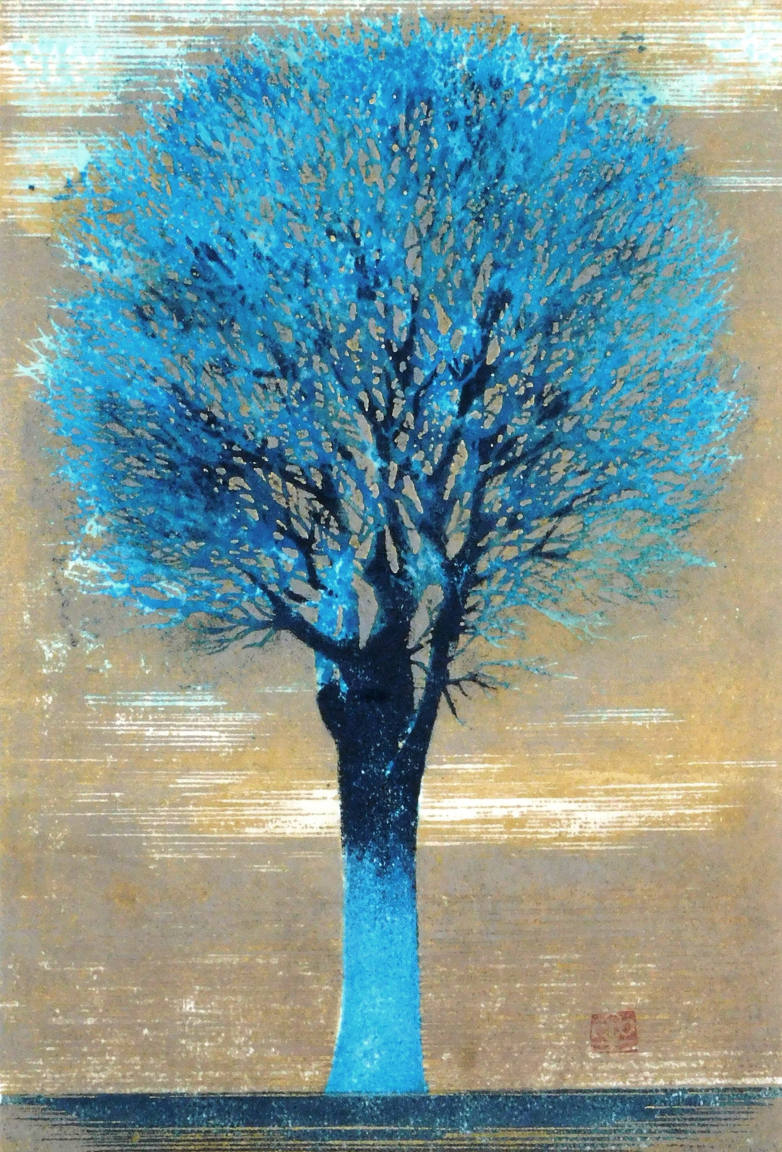 Joichi Hoshi (Japanese, 1913 - 1979), "Evening Tree (blue)", woodblock print, depicts blue tree, (1 of 5)