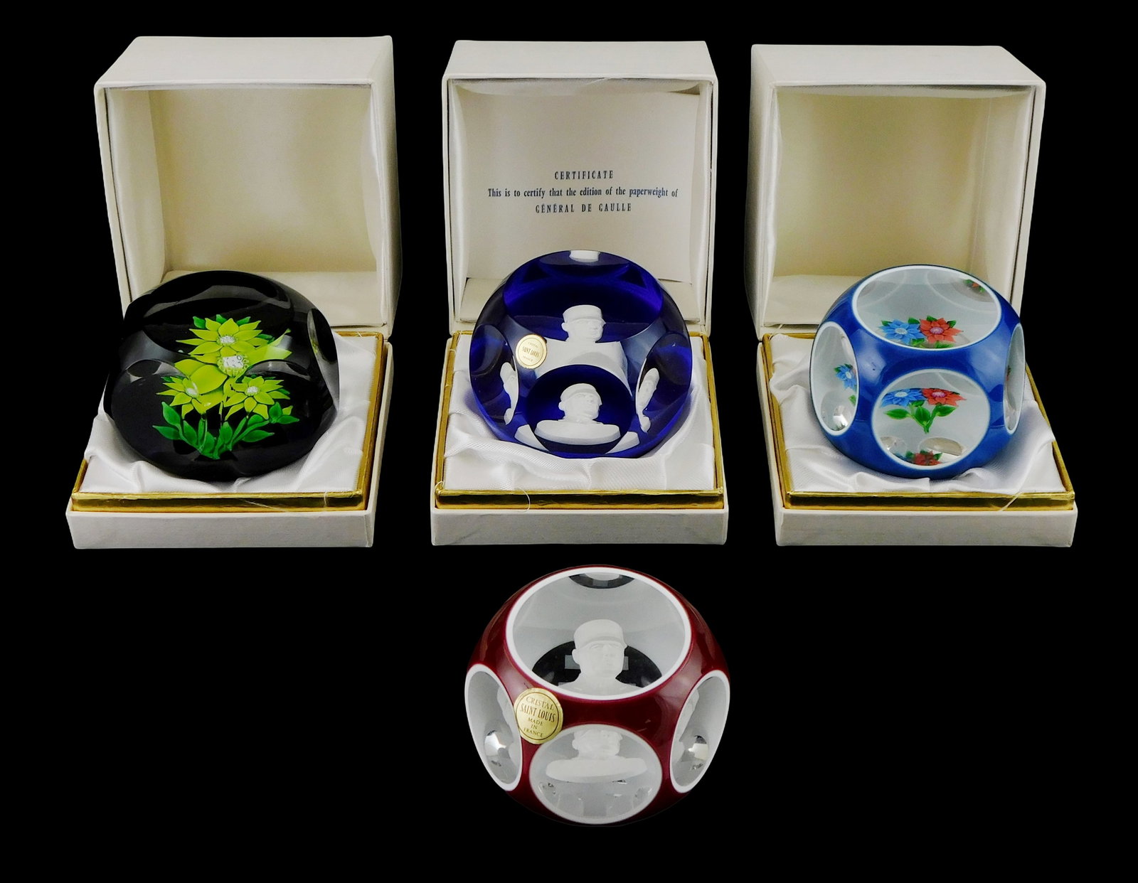 ART GLASS: Four St. Louis crystal and sulphide paperweights, 20th C., France, three in their hinged (1 of 5)