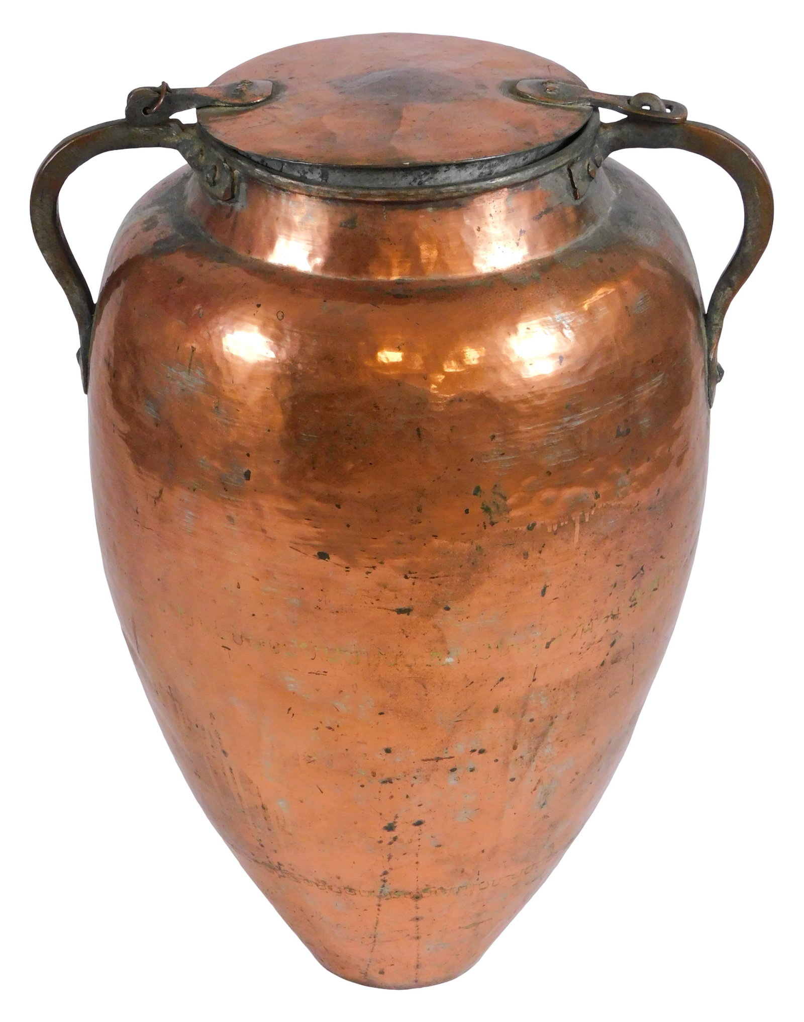 Persian copper storage jar, hinged lid, double handles, hammered finish, wear consistent with age (1 of 4)