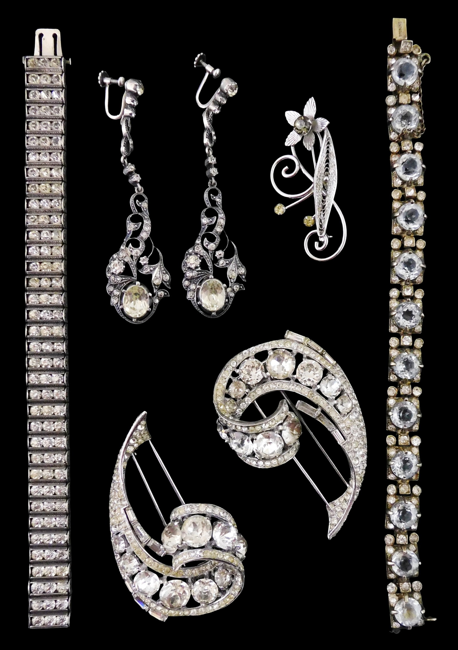 JEWELRY: Trifari, etc., six pieces of silver, rhinestone, and marcasite jewelry, most in 1920's Deco (1 of 3)