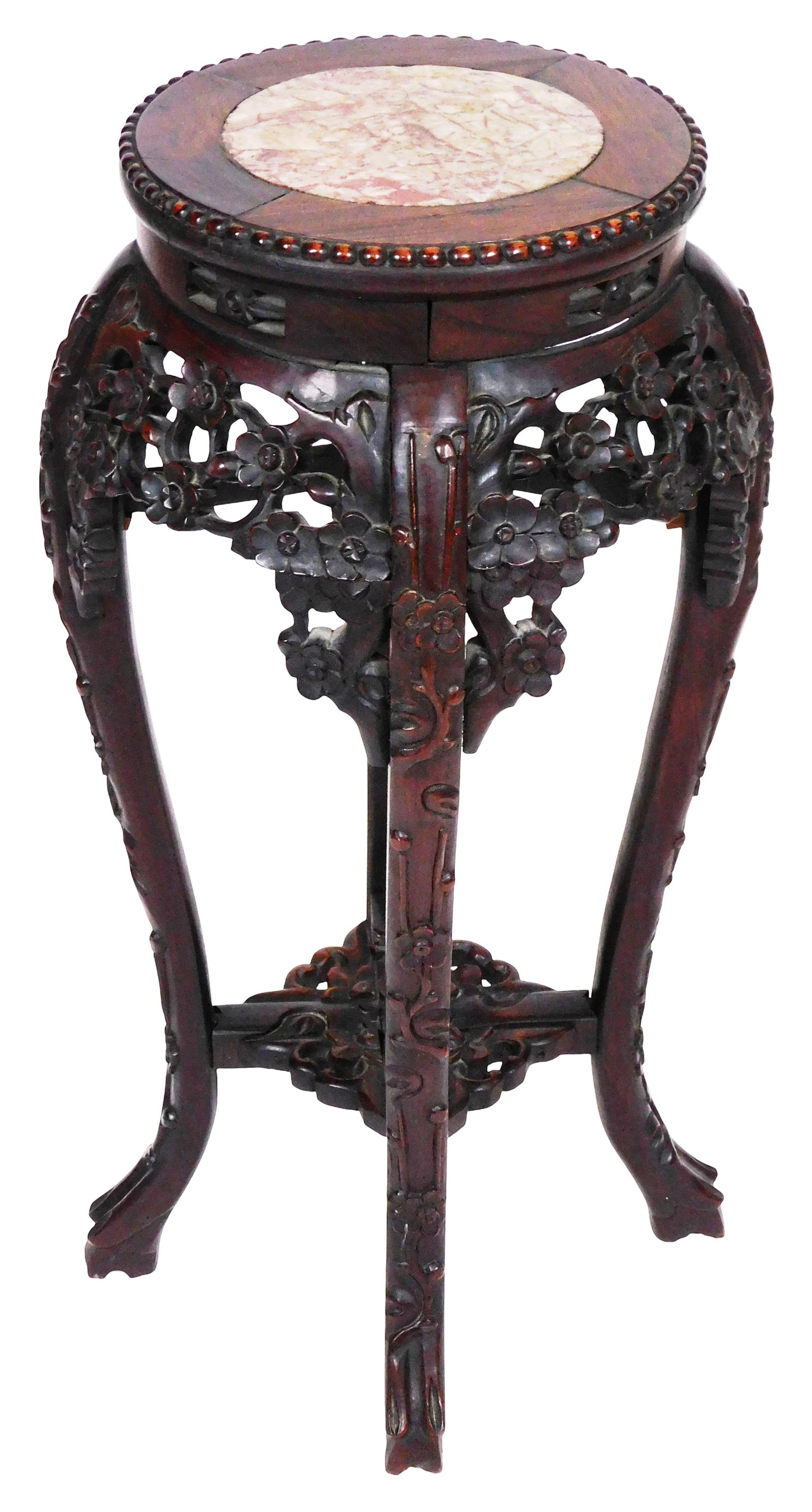 ASIAN: Chinese carved rosewood stand with marble insert top, late 19th C., top with beaded edge, (1 of 4)