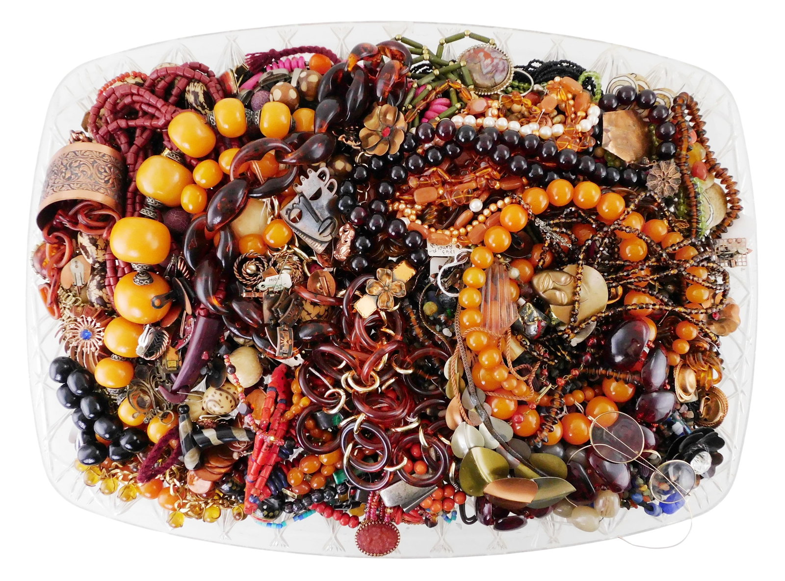 COSTUME JEWELRY: Tribal themed, 100+ pieces, some pieces resemble amber, pearl and hardstone and (1 of 3)