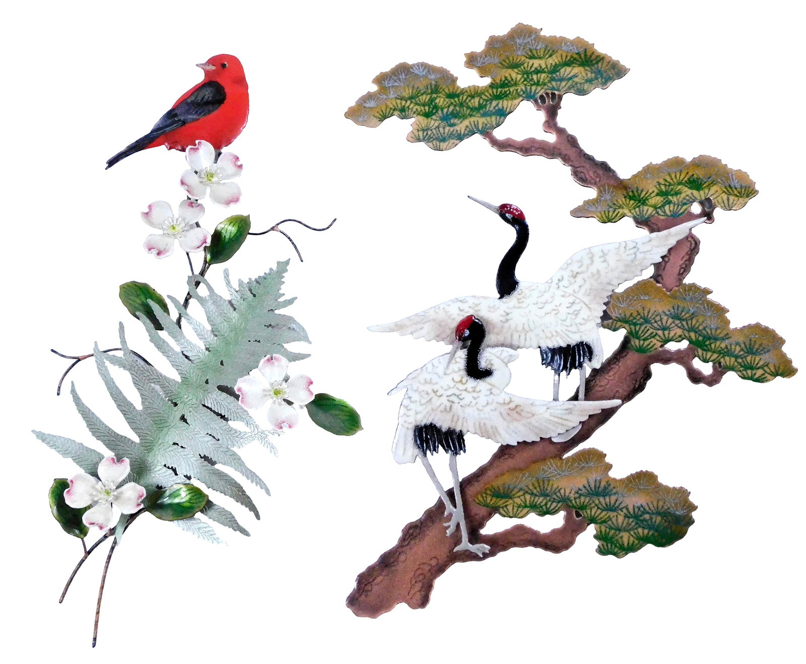 SCULPTURE: Bovano of Cheshire, two enamel and copper wall hangings, the first featuring a red bird (1 of 4)