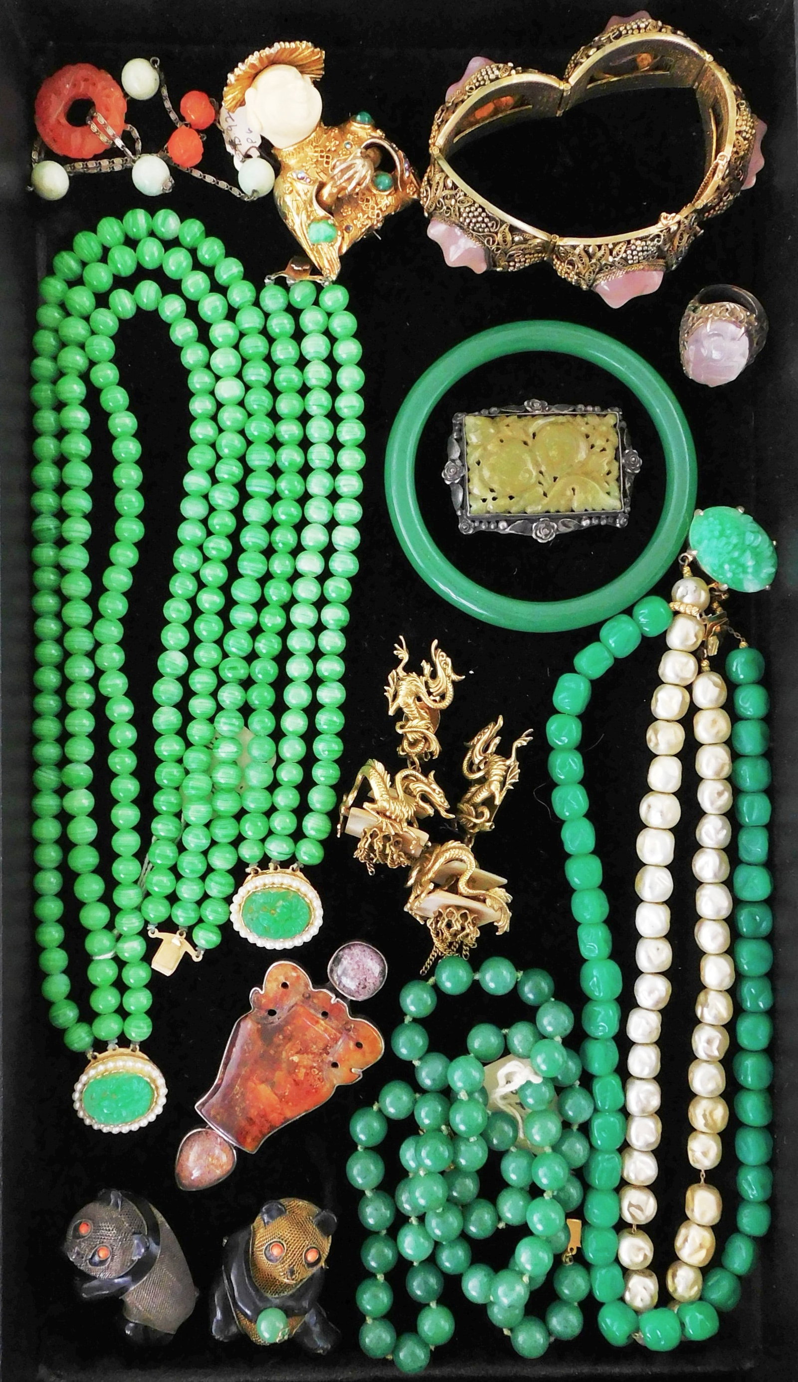 ASIAN/ COSTUME JEWELRY: Chinese vermeil and Asian themed costume jewelry, twelve pieces, hardstones (1 of 3)