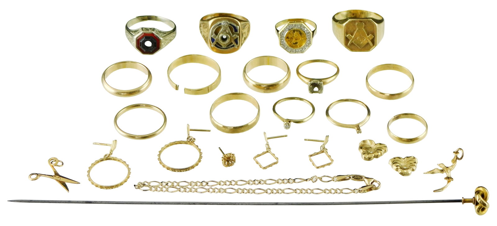 JEWELRY: Twenty-five pieces of miscellaneous 18K, 14K and 10K jewelry, all tested or stamped, (1 of 3)