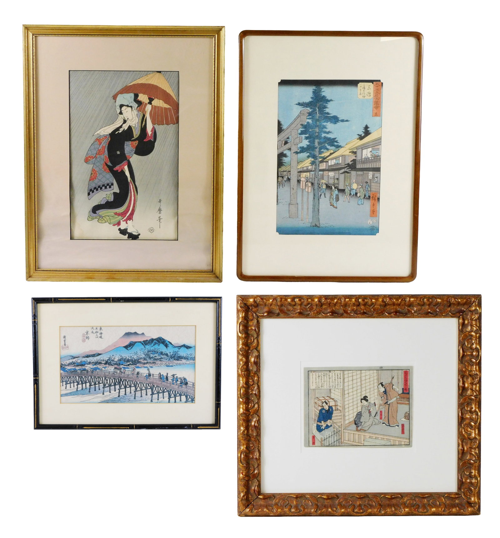 Three Japanese ukiyo-e woodblock prints and one modern reproduction, the first by Hiroshige (1 of 8)