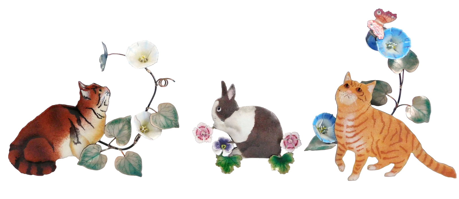 SCULPTURE: Bovano of Cheshire, three enamel and copper wall hangings, two cats with flowers and (1 of 4)