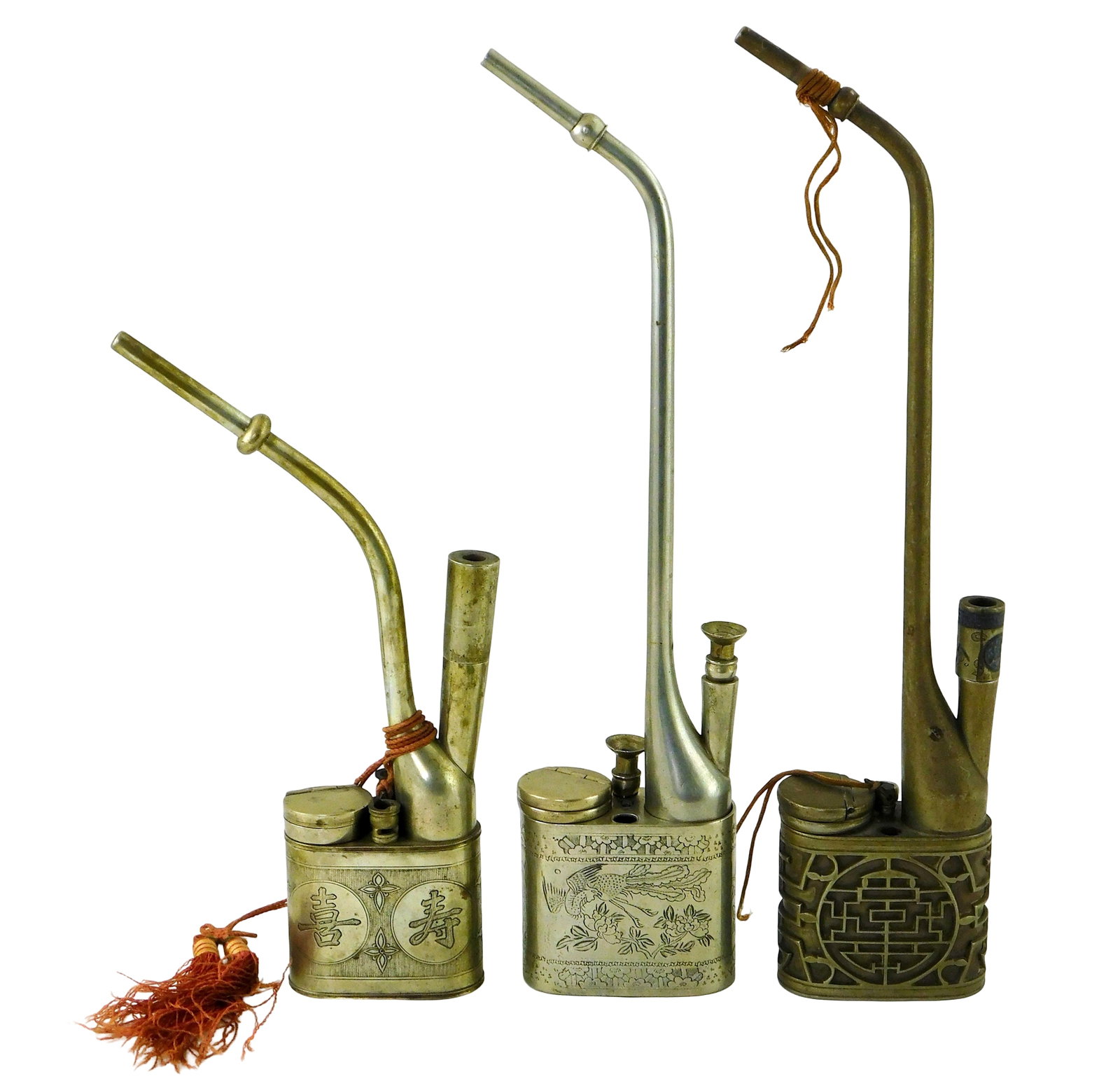 ASIAN: Three engraved Chinese water pipes and accessories, late 19th-early 20th, including: brass: ASIAN: Three engraved Chinese water pipes and accessories, late 19th-early 20th, including: brass waterpipe with "Wan" symbol, fixed stash box with engraving underside of lid, additional stem, carry c