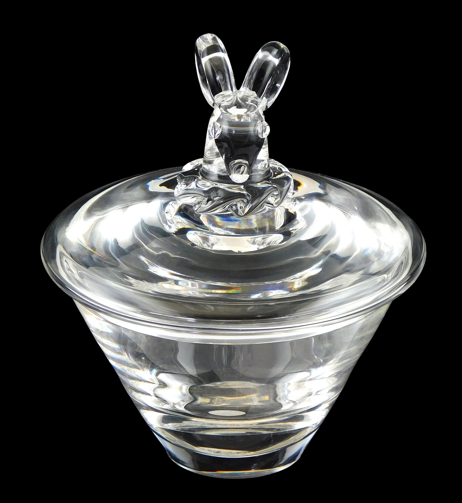 ART GLASS: Steuben crystal “Ram’s Head Candy Dish??, mid-century, signed base, covered (1 of 2)