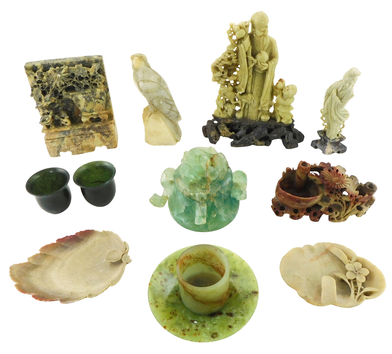 ASIAN: Soapstone carvings, twelve pieces, decorative and utilitarian uses, details include: two-tone (1 of 4)