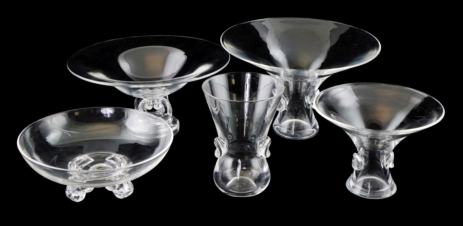 GLASS: Five pieces of Steuben glass with thumbprint and scrolled applications to base, mid 20th C., (1 of 2)