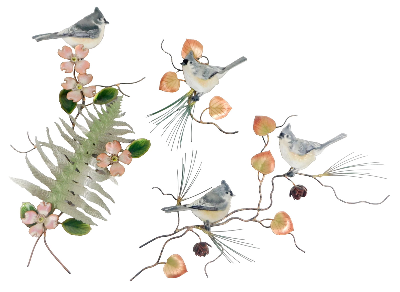SCULPTURE: Bovano of Cheshire, three enamel and copper wall hangings featuring the Tufted Titmouse, (1 of 6)