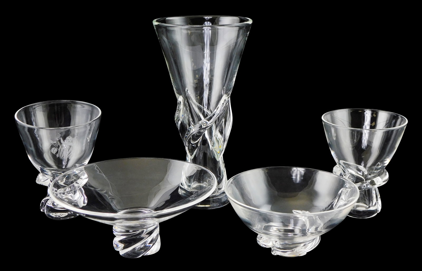 GLASS: Five Steuben compotes and bowls with applied swirl at base, all signed on base, including: (1 of 2)