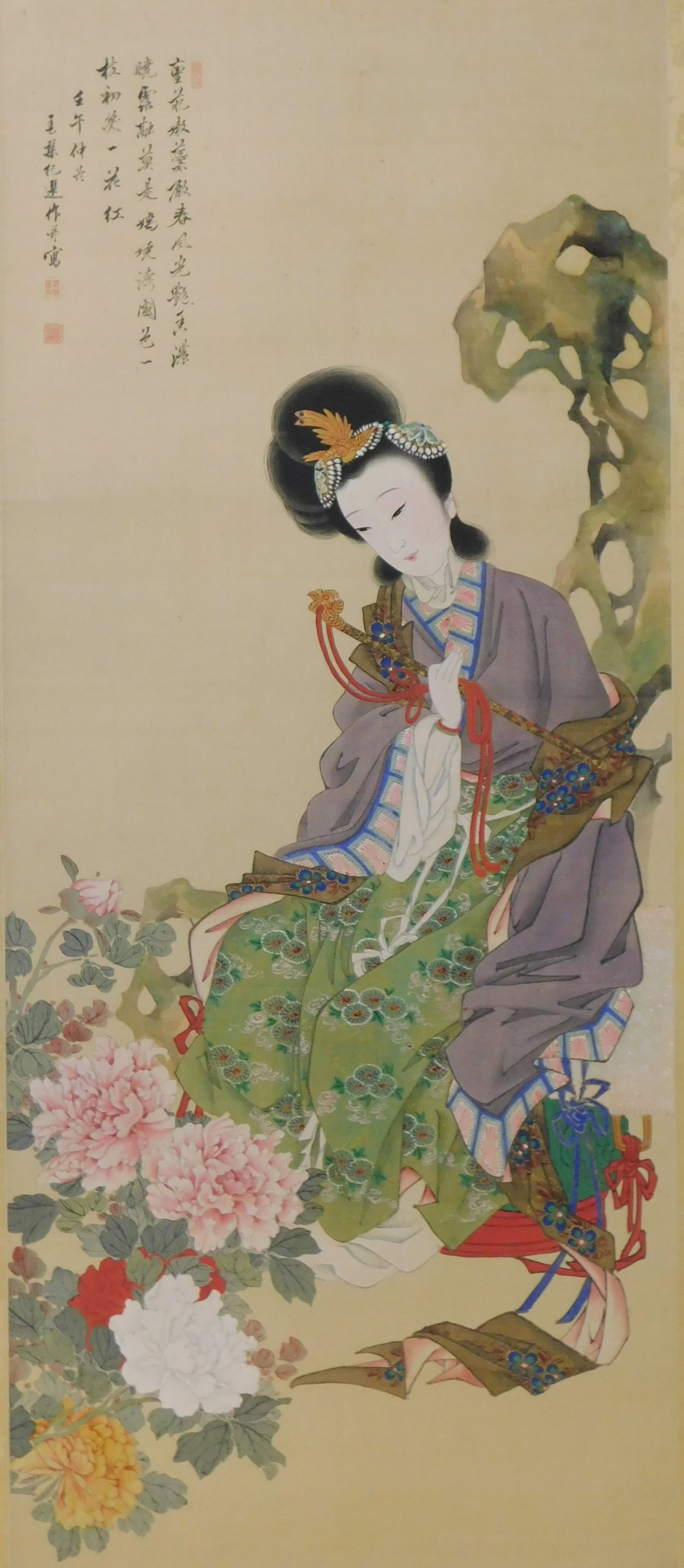 ASIAN: Chinese scroll with hand-painted embellishment, 20th C., central design depicts polychrome (1 of 4)