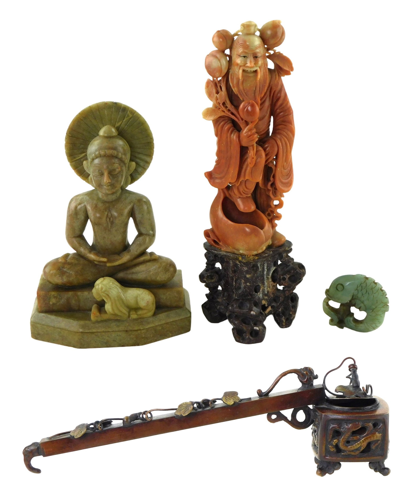 ASIAN: Three Asian stone carvings and a Yatate portable writing set, including: Japanese bronze (1 of 6)