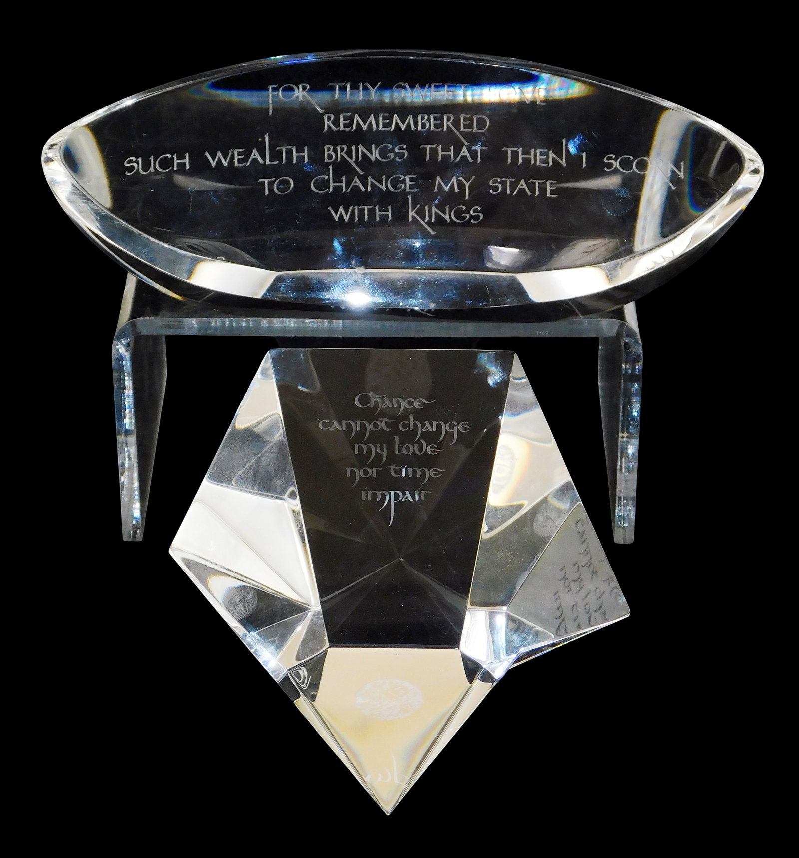 ART GLASS: Two Steuben poetry themed crystal paperweights, both with signed base, including: diamond (1 of 2)