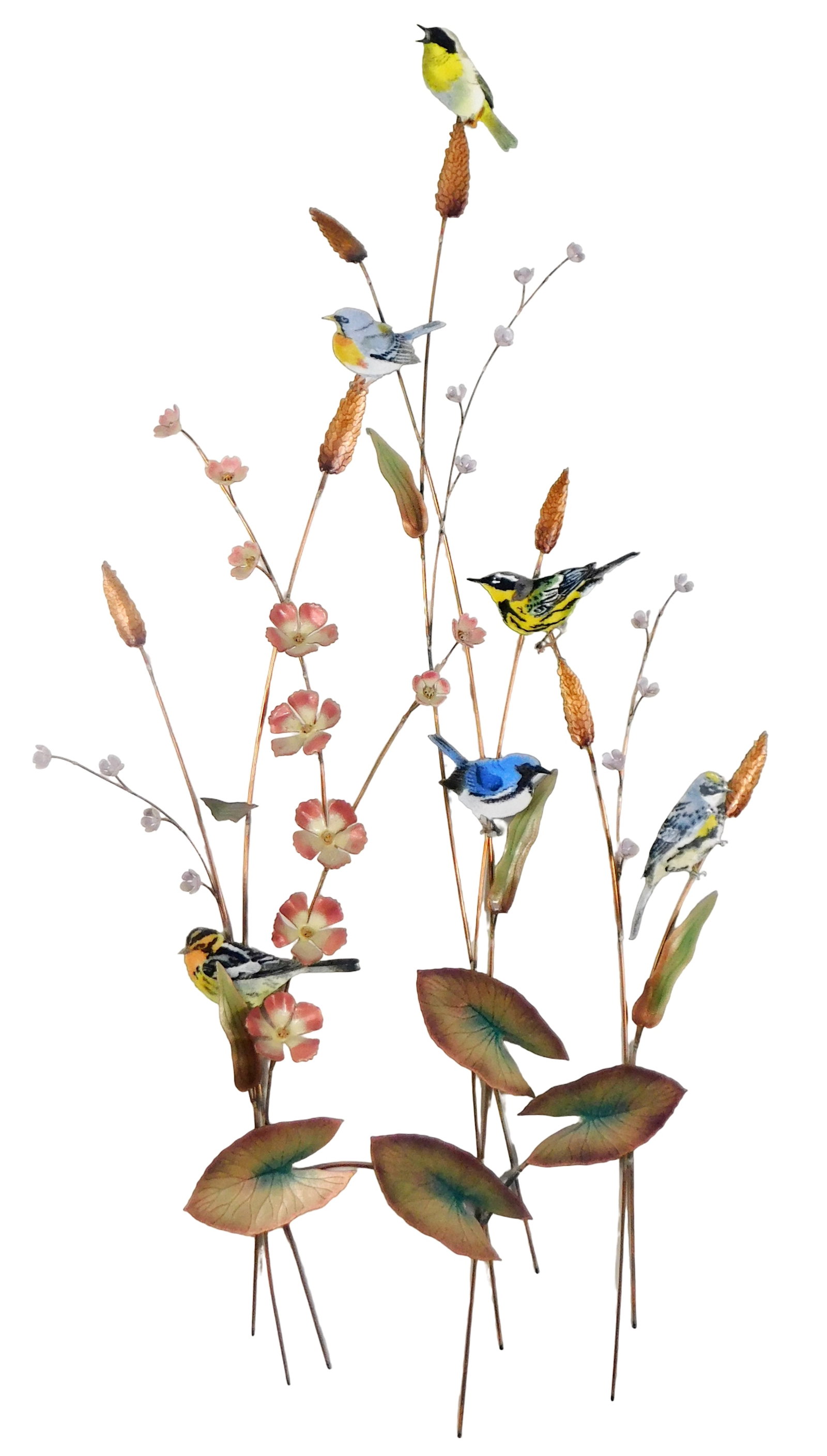 SCULPTURE: Bovano of Cheshire, large enamel and copper wall hanging, featuring assorted flora and: SCULPTURE: Bovano of Cheshire, large enamel and copper wall hanging, featuring assorted flora and fauna; wear consistent with age and use, 33 1/2" h.
