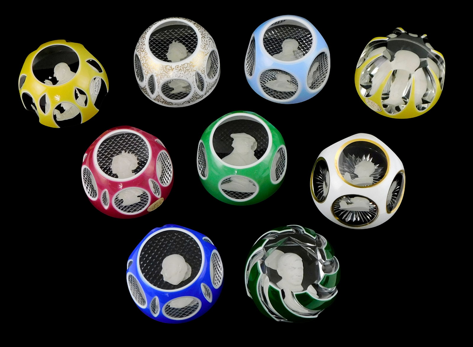 ART GLASS: Nine Baccarat crystal and sulphide cameo paperweights, France, 20th C., all with makers (1 of 2)